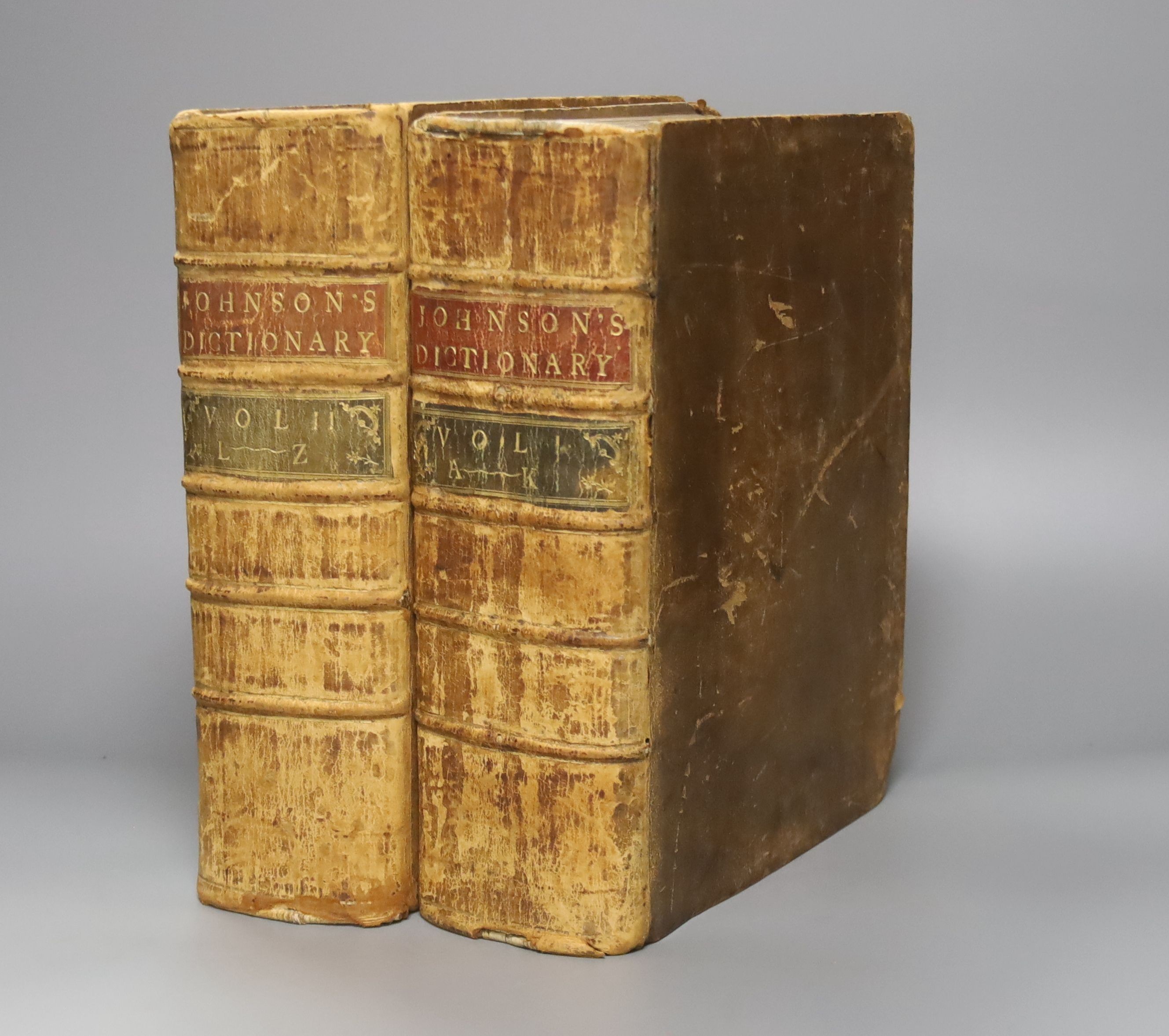 Johnson, Samuel - A Dictionary of the English Language, 4th edition, 2 vols, 4to, calf, front fly leaf and title stained, boards and spines scuffed, Dublin 1725